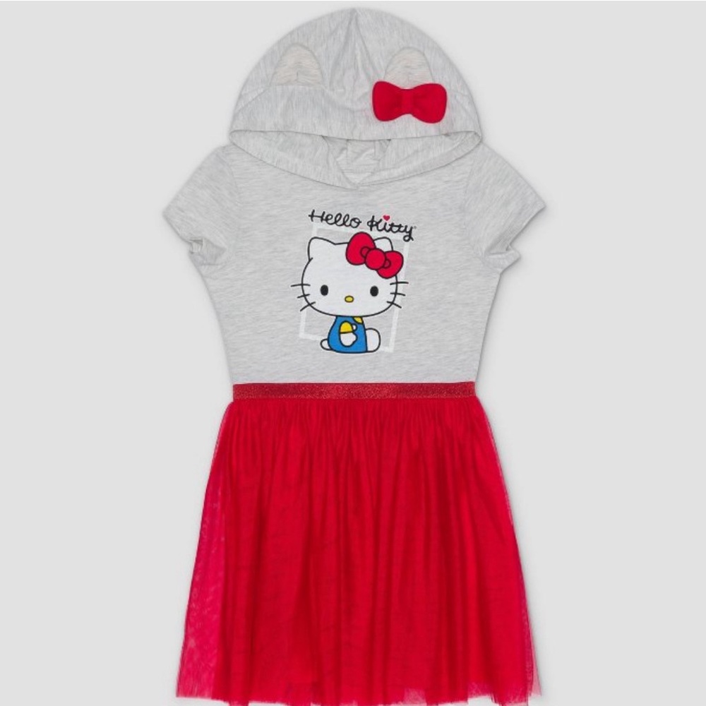 Hello Kitty Hooded Tutu Dress - Tulle Skirt - Oatmeal Heather - Girls LARGE NEW